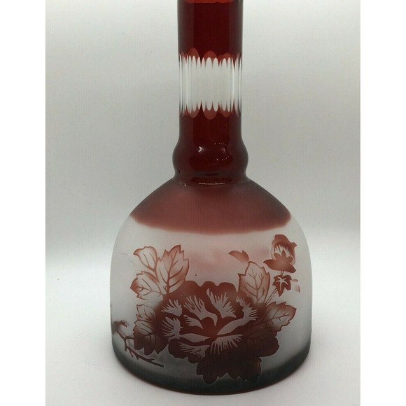 Vintage BOHEMIAN GLASS Vase Ruby Red Cut To Clear Neck & Base Frosted Floral - Picture 3 of 12